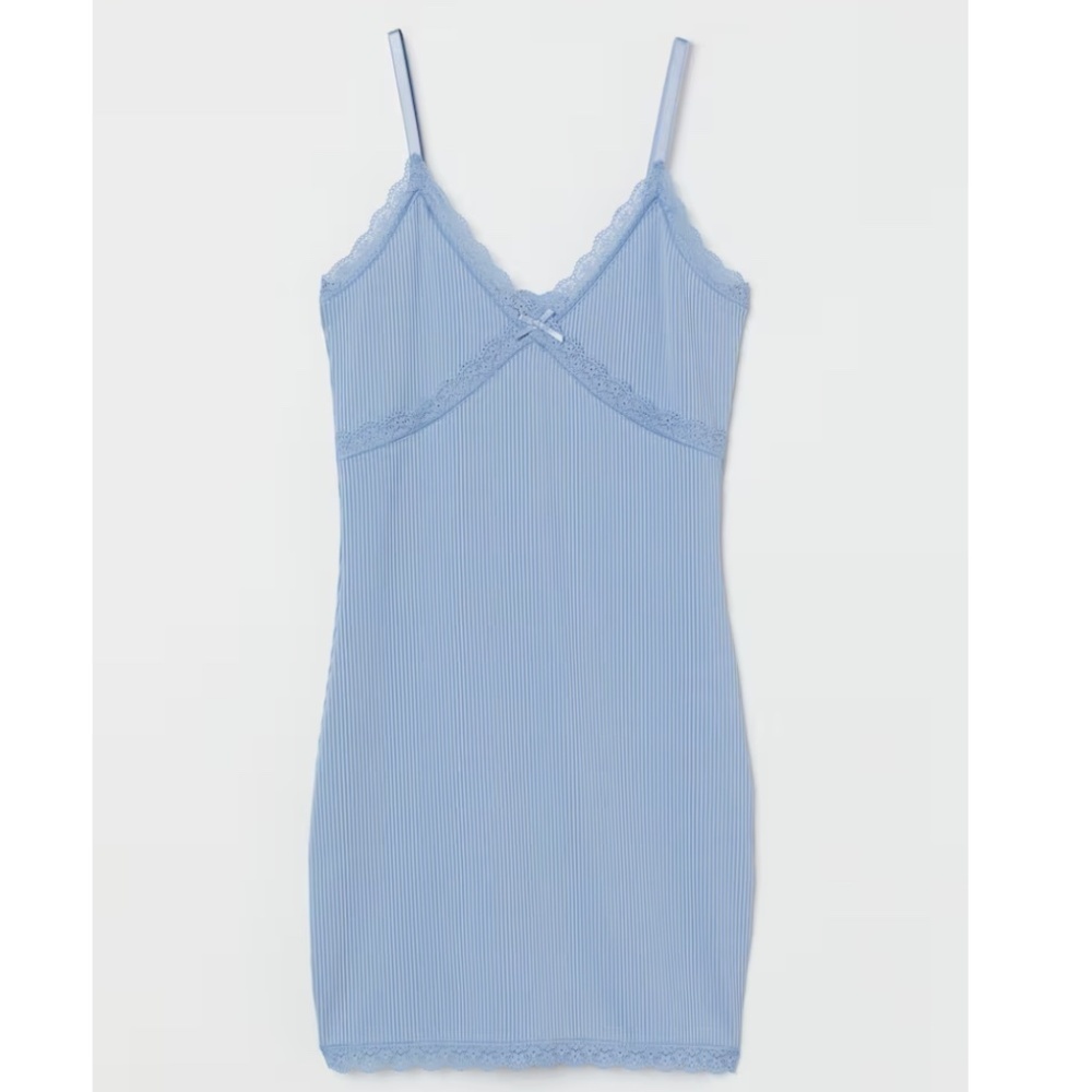 Light Blue Ribbed Lace-Trim Mini Dress Size S (96% Cotton)